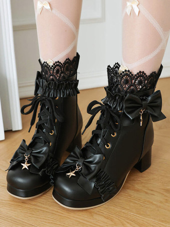 ブラック スイートロリータブーツ ホワイト ラウンドトゥ PUレザー ロリータ フットウェア