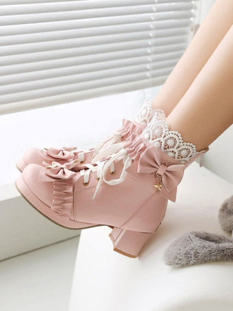 ピンクスイートロリータブーツ ホワイト ラウンドトゥ PUレザー ロリータ フットウェア