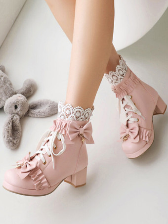 スイートロリータブーツ ホワイト ラウンドトゥ PUレザー ロリータ フットウェア