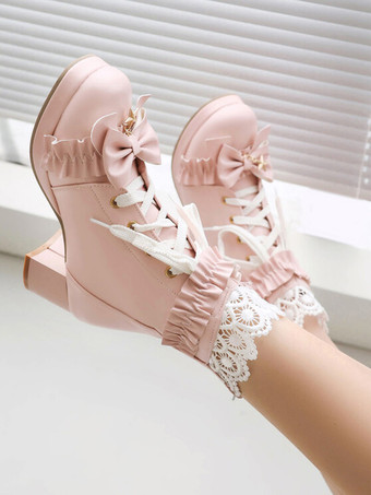 スイートロリータブーツ ホワイト ラウンドトゥ PUレザー ロリータ フットウェア