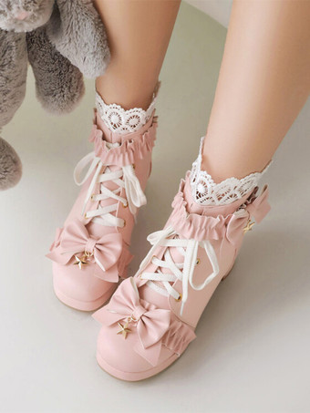 スイートロリータブーツ ホワイト ラウンドトゥ PUレザー ロリータ フットウェア