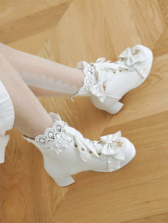 スイートロリータブーツ ホワイト ラウンドトゥ PUレザー ロリータ フットウェア