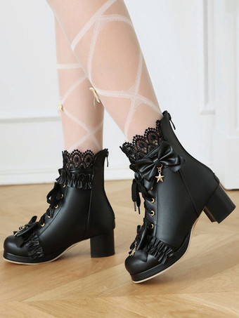 スイートロリータブーツ ホワイト ラウンドトゥ PUレザー ロリータ フットウェア