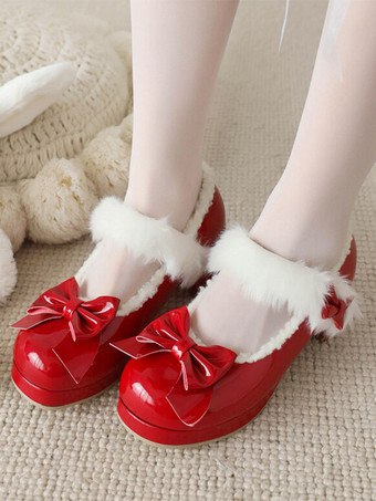 レッド スイートロリータフットウェア 赤いリボン ラウンドトゥ PUレザーロリータシューズ