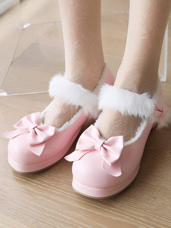 ピンクスイートロリータフットウェア 赤いリボン ラウンドトゥ PUレザーロリータシューズ