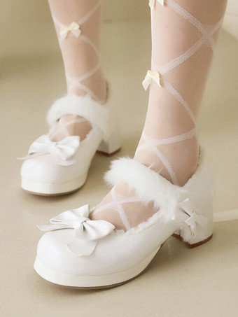ホワイト スイートロリータフットウェア 赤いリボン ラウンドトゥ PUレザーロリータシューズ
