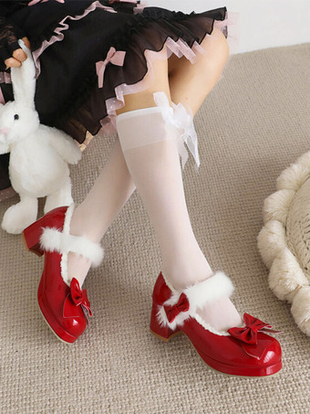 スイートロリータフットウェア 赤いリボン ラウンドトゥ PUレザーロリータシューズ