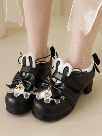 ブラック スイートロリータフットウェア ピンクリボン ラウンドトゥ PUレザー ロリータパンプス