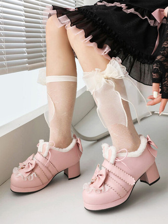 ピンクスイートロリータフットウェア ピンクリボン ラウンドトゥ PUレザー ロリータパンプス