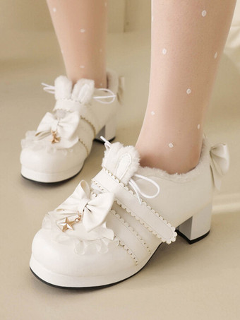 ホワイト スイートロリータフットウェア ピンクリボン ラウンドトゥ PUレザー ロリータパンプス