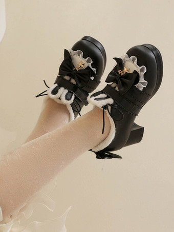 スイートロリータフットウェア ピンクリボン ラウンドトゥ PUレザー ロリータパンプス