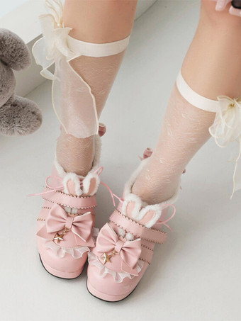 スイートロリータフットウェア ピンクリボン ラウンドトゥ PUレザー ロリータパンプス