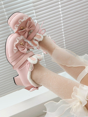 スイートロリータフットウェア ピンクリボン ラウンドトゥ PUレザー ロリータパンプス