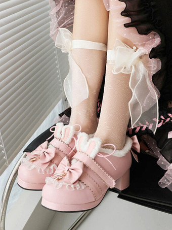 スイートロリータフットウェア ピンクリボン ラウンドトゥ PUレザー ロリータパンプス