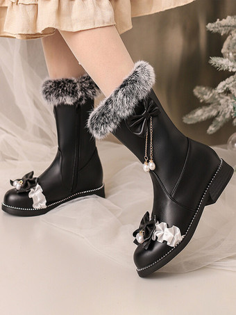 Sweet Lolita Boots Black Bows Round Toe PU Leather Lolita Footwear