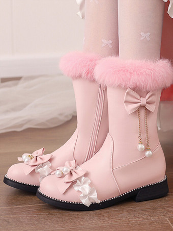 ピンクスイートロリータブーツ ブラックリボン ラウンドトゥ PUレザー ロリータフットウェア