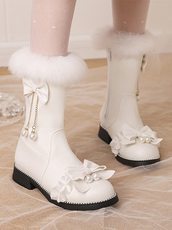 ホワイト スイートロリータブーツ ブラックリボン ラウンドトゥ PUレザー ロリータフットウェア
