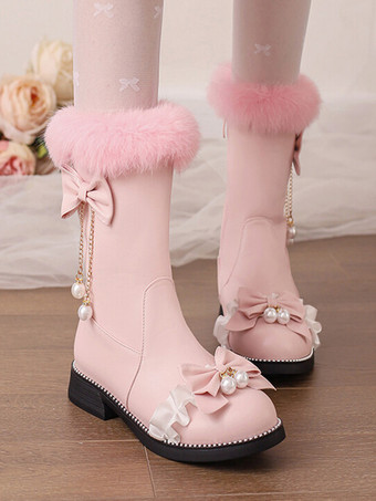 スイートロリータブーツ ブラックリボン ラウンドトゥ PUレザー ロリータフットウェア