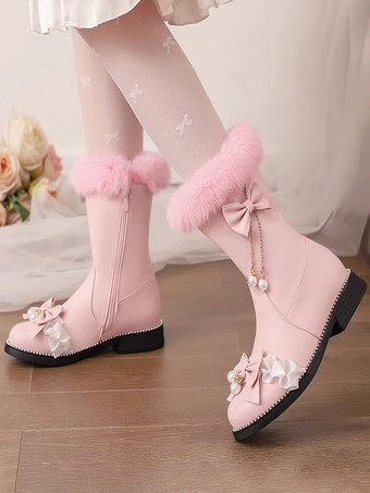 スイートロリータブーツ ブラックリボン ラウンドトゥ PUレザー ロリータフットウェア