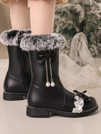 スイートロリータブーツ ブラックリボン ラウンドトゥ PUレザー ロリータフットウェア