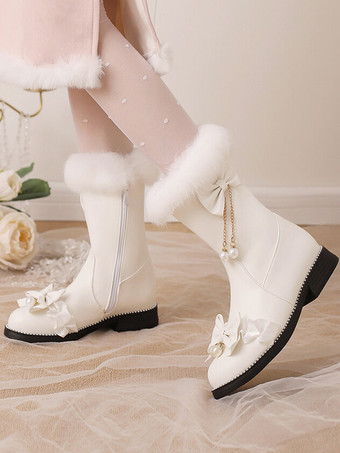 スイートロリータブーツ ブラックリボン ラウンドトゥ PUレザー ロリータフットウェア