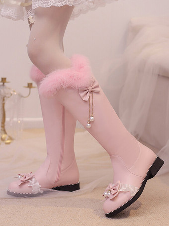 ピンクスイートロリータブーツ ピンクリボン ラウンドトゥ PUレザー ロリータフットウェア