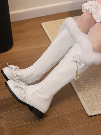 ホワイト スイートロリータブーツ ピンクリボン ラウンドトゥ PUレザー ロリータフットウェア