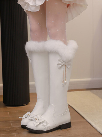 スイートロリータブーツ ピンクリボン ラウンドトゥ PUレザー ロリータフットウェア