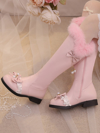 スイートロリータブーツ ピンクリボン ラウンドトゥ PUレザー ロリータフットウェア