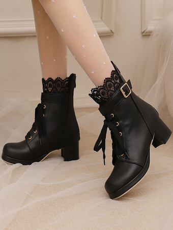 ブラック スイートロリータブーツ ピンク ラウンドトゥ PUレザー ロリータ フットウェア