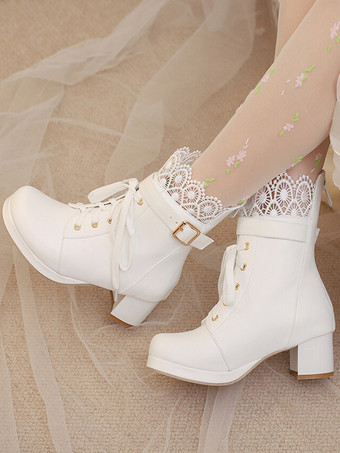 ホワイト スイートロリータブーツ ピンク ラウンドトゥ PUレザー ロリータ フットウェア