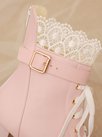 スイートロリータブーツ ピンク ラウンドトゥ PUレザー ロリータ フットウェア