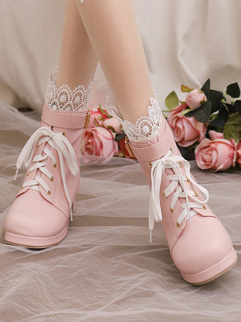 スイートロリータブーツ ピンク ラウンドトゥ PUレザー ロリータ フットウェア