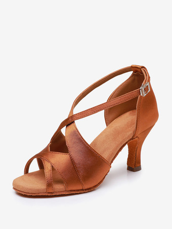 ブラウン ラテンダンスシューズ ポリエステル コーヒーブラウン ラウンドトゥ ダンスシューズ