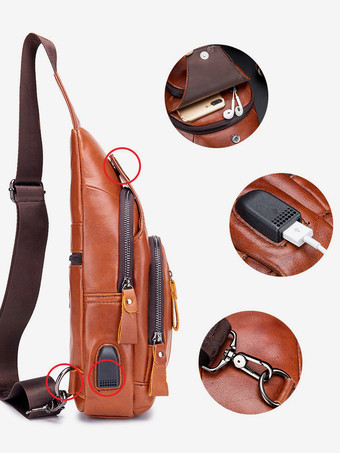 メンズ ダークブラウン ジッパー クロスボディバッグ