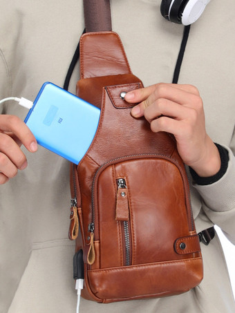 メンズ ダークブラウン ジッパー クロスボディバッグ