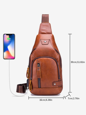 メンズ ダークブラウン ジッパー クロスボディバッグ