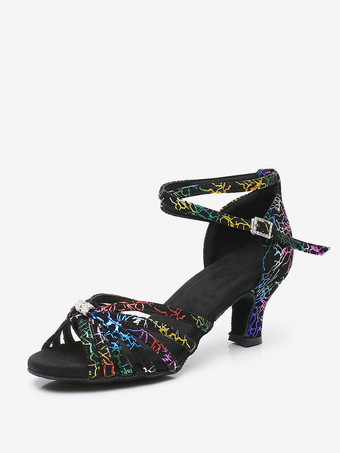 Chaussures De Danse Latine Bride Imprimée Salon Noires À Bout Rond