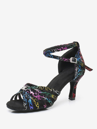 Chaussures De Danse Latine Bride Imprimée Salon Noires À Bout Rond