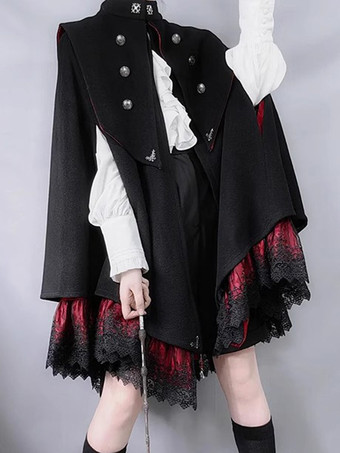 ゴシックロリータケープブラックポリエステル秋ロリータアウター