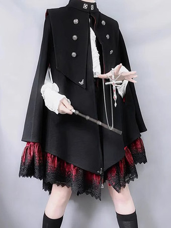 ゴシックロリータケープブラックポリエステル秋ロリータアウター