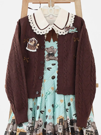 ディープブラウンスイートなフリルリボン長袖トップス ライトピンク