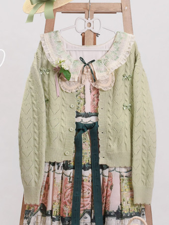 ライトグリーン スイートなフリルリボン長袖トップス ライトピンク