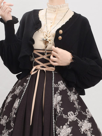 ブラック スイートなフリルの長袖トップス バーガンディ