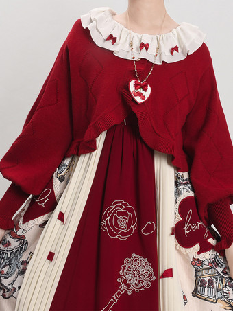 スイートなフリルの長袖トップス バーガンディ