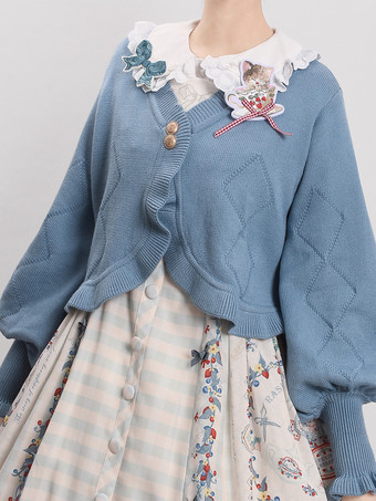 ブルー スイートなフリルの長袖トップス バーガンディ