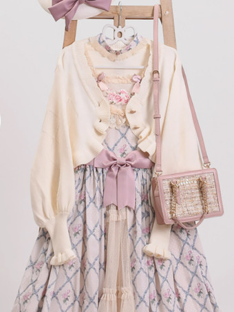 アイボリー スイートなフリルの長袖トップス バーガンディ