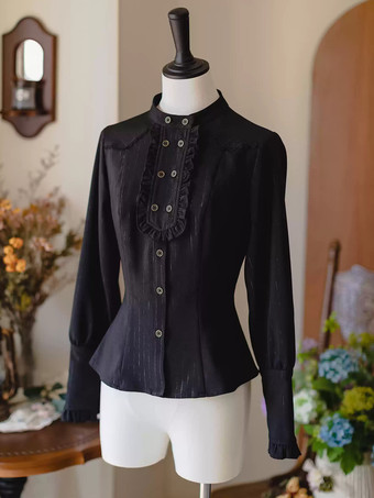 ブラック スイートロリータブラウス ホワイト 長袖 ロリータトップ フリル ロリータシャツ