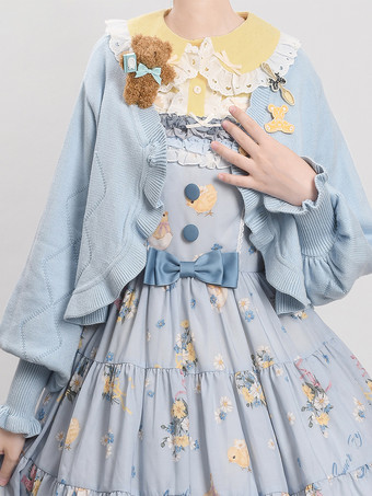 ライトスカイブルースイートなフリルの長袖トップス バーガンディ