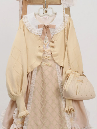 ベージュスイートなフリルの長袖トップス バーガンディ